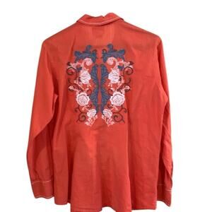 Ariat Embroidered Snap Up Blouse Top M Orange Fitted 100% Cotton Western Rodeo